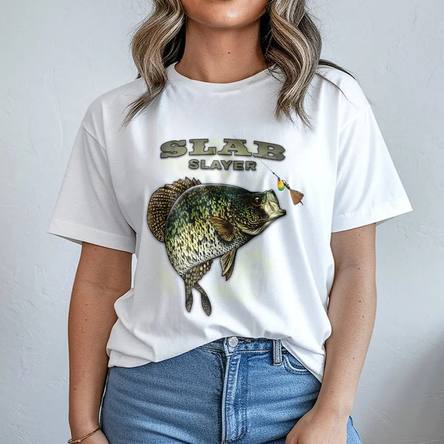 Crappie Fishing T-Shirt | Slab Slayer Graphic Print | Premium Soft Cotton Tee | Funny Fisherman Gift for Anglers and Lake Lovers