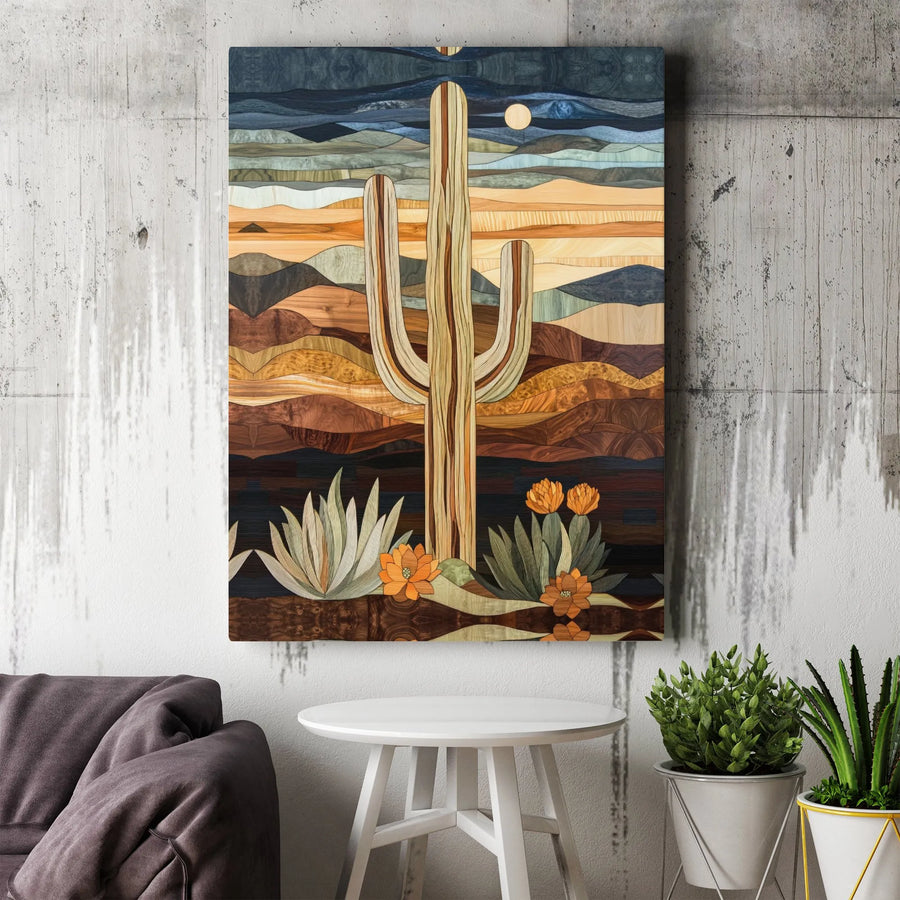 Saguaro Cactus Desert Wall Art | Southwestern Wood Marquetry Style Print | Premium Gallery Wrap Canvas | Modern Home & Office Decor Gift