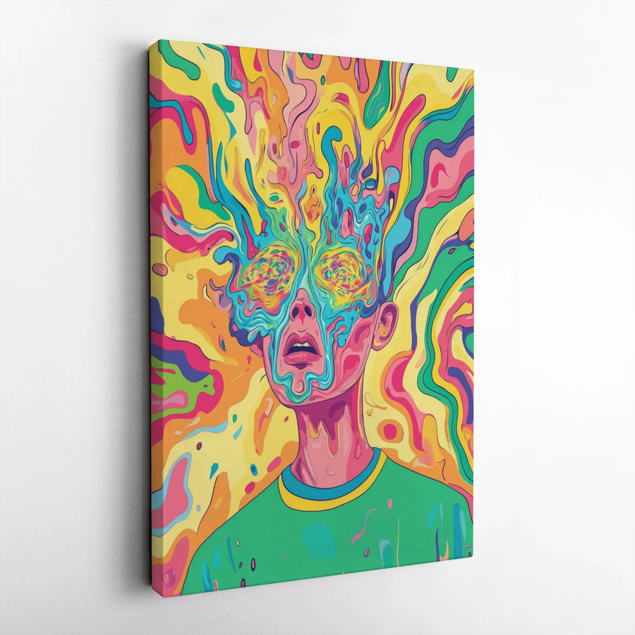 Psychedelic Mind Explosion Canvas | Surreal Melted Face Abstract Art | Premium Gallery Wrap | Vibrant Wall Decor for Office or Living Room