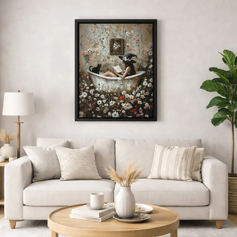 Witch Reading In Bathtub Wall Art | Whimsical Black Cat Floral Canvas Print | Premium Gallery-Wrapped Decor | Spooky Aesthetic Gift For Book Lovers