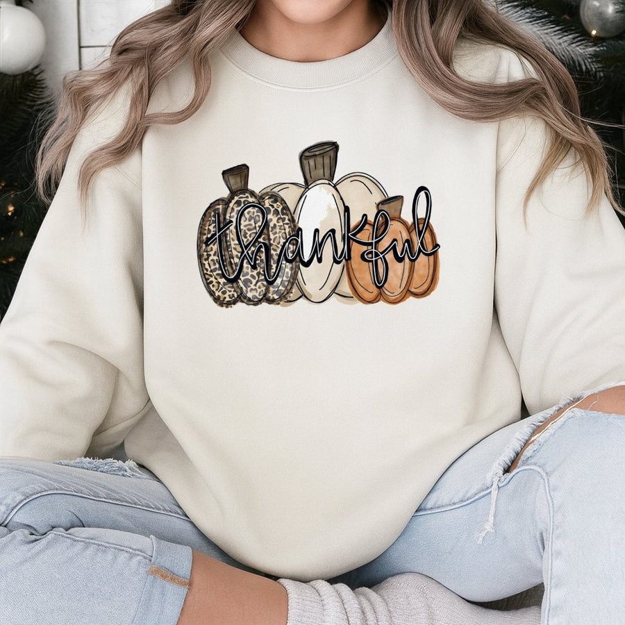 Thankful Pumpkin Sweatshirt | Leopard Print Fall Aesthetic | Cotton Blend Premium Crewneck | Thanksgiving Graphic Gift for Women