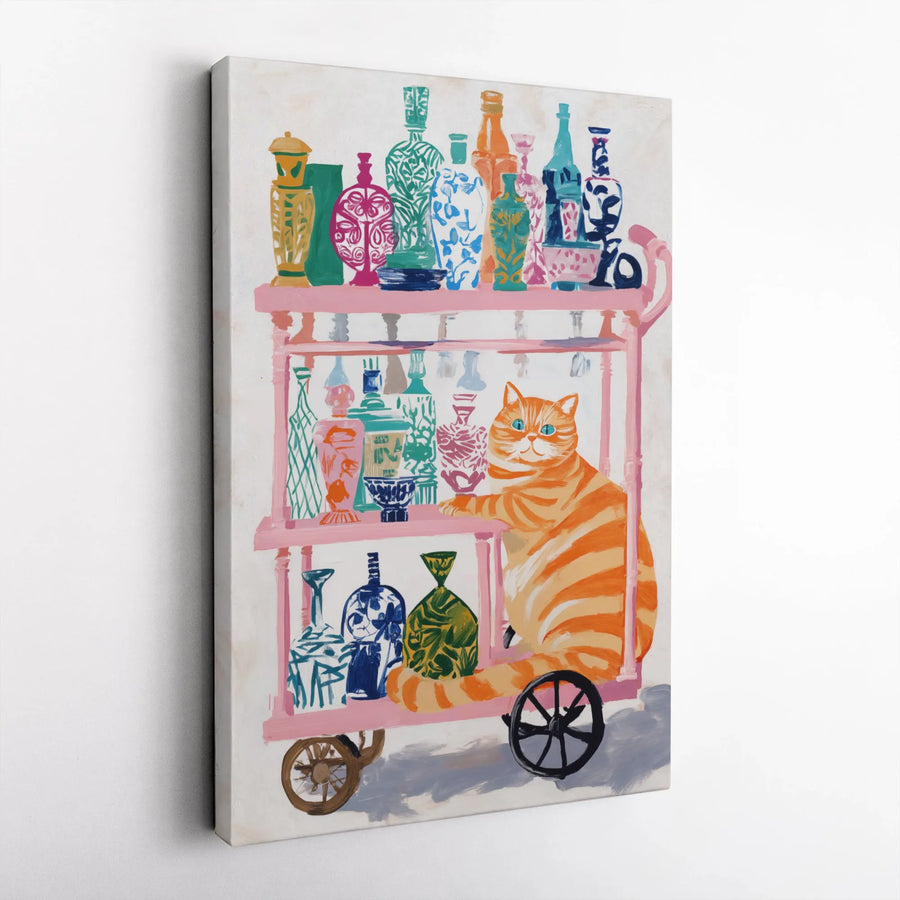 Orange Cat Wall Art | Whimsical Bar Cart Illustration | Premium Gallery Wrapped Canvas | Colorful Maximalist Decor for Cat Lovers