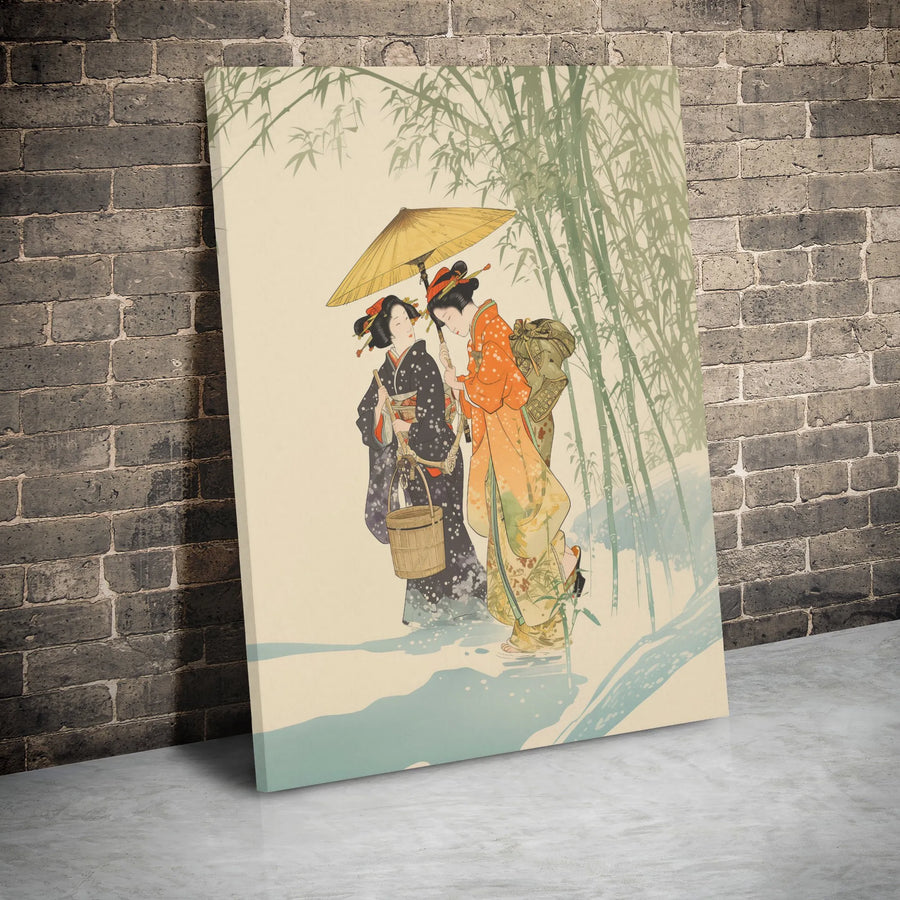 Japanese Art Canvas Print | Vintage Kimono Women in Bamboo Forest | Premium Gallery Wrap Wall Decor | Elegant Asian Home Wall Art Gift