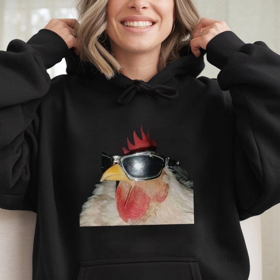Funny Chicken Hoodie | Cool Rooster With Sunglasses Graphic | Soft Cotton-Blend Pullover | Unisex Meme Gift For Animal Lovers