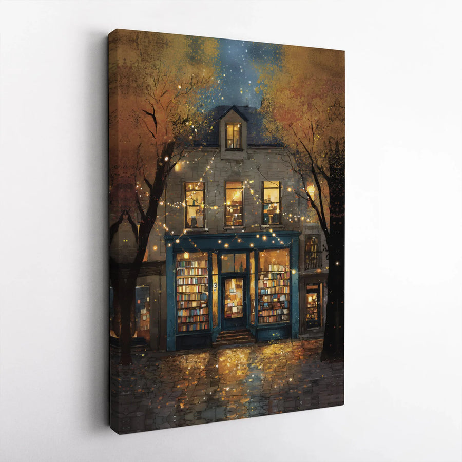 Cozy Bookstore Canvas Print | Whimsical Autumn Night Library Art | Gallery Wrapped Premium Canvas | Literary Home Decor for Book Lovers Gift