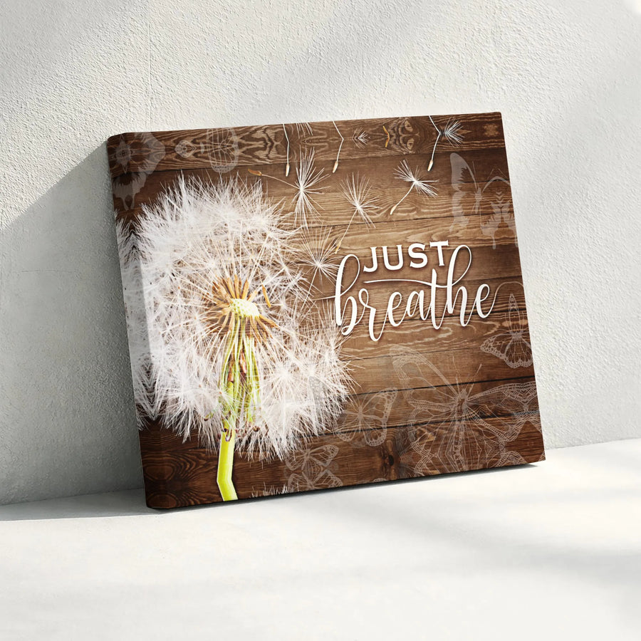Just Breathe Dandelion Wall Art | Rustic Wood Background with Butterfly Print | Premium 1.25" Gallery Wrapped Canvas | Calming Decor Gift