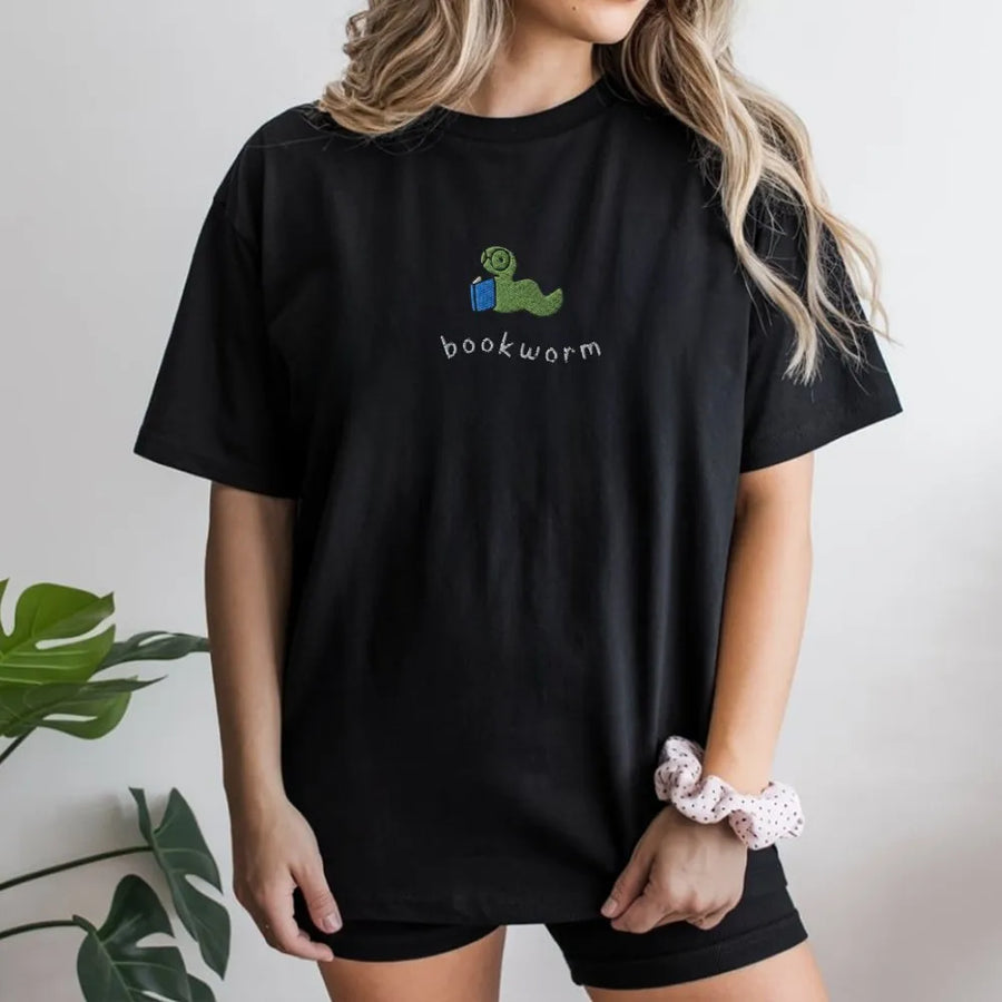 Bookworm T-Shirt for Readers | Cute Stitched-Effect Reading Worm Graphic | Premium Soft Cotton Blend | Gift for Book Lovers and Librarians
