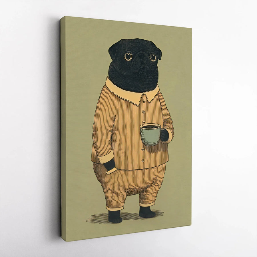 Black Pug Canvas Print | Funny Dog in Pajamas Drinking Coffee | Premium Gallery Wrap Art | Quirky Home Decor Gift for Pug Lover