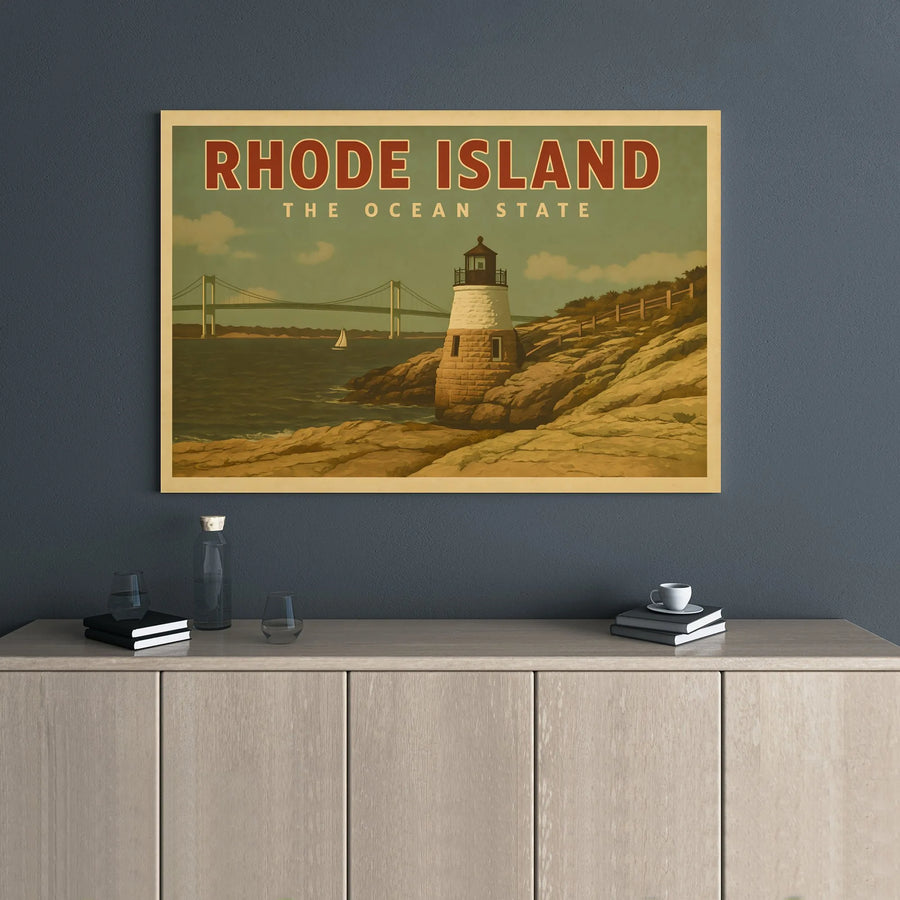 Rhode Island Wall Art Canvas | Vintage Lighthouse & Bridge Illustration | Premium 1.25" Gallery Wrap | Coastal Decor Gift for Ocean Lovers