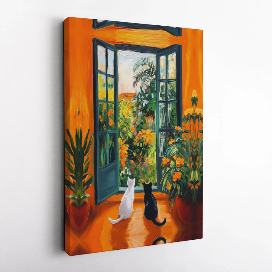 Two Cats Garden Canvas Art | Whimsical Window View Wall Decor | Premium 1.25 Inch Gallery Wrap | Unique Cat Lover Home Gift
