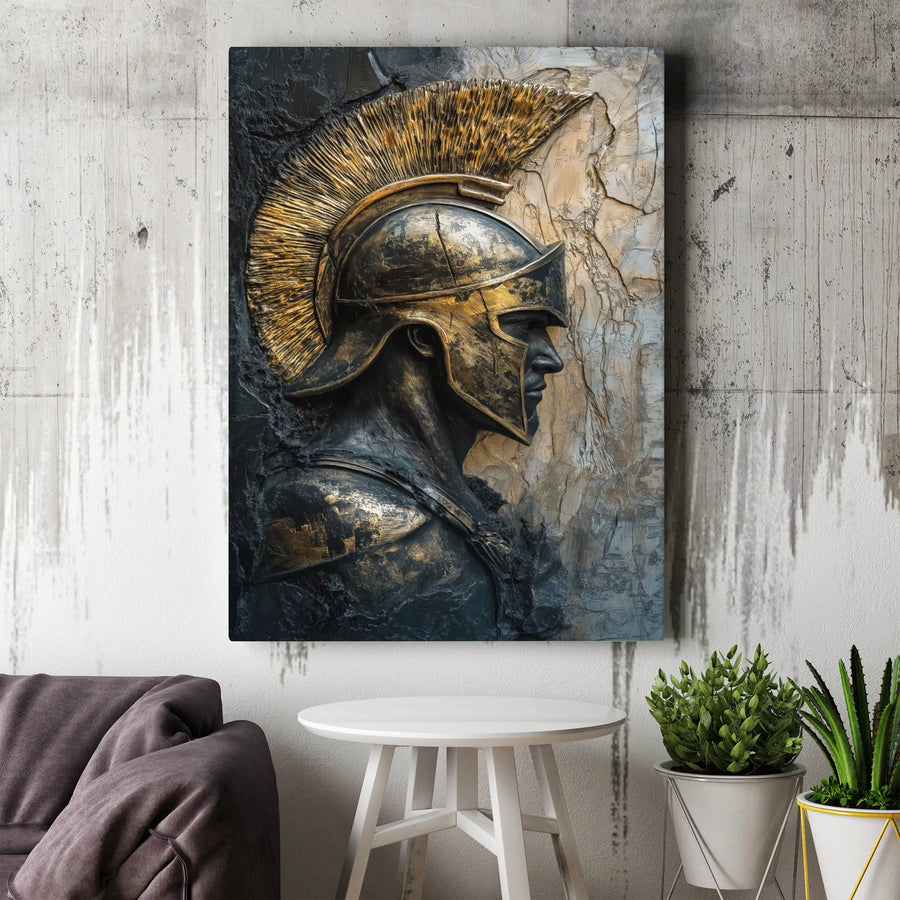 Spartan Warrior Canvas Wall Art | Gold Corinthian Helmet Relief | Premium Gallery Wrapped Print | Masculine Home Office Decor Gift