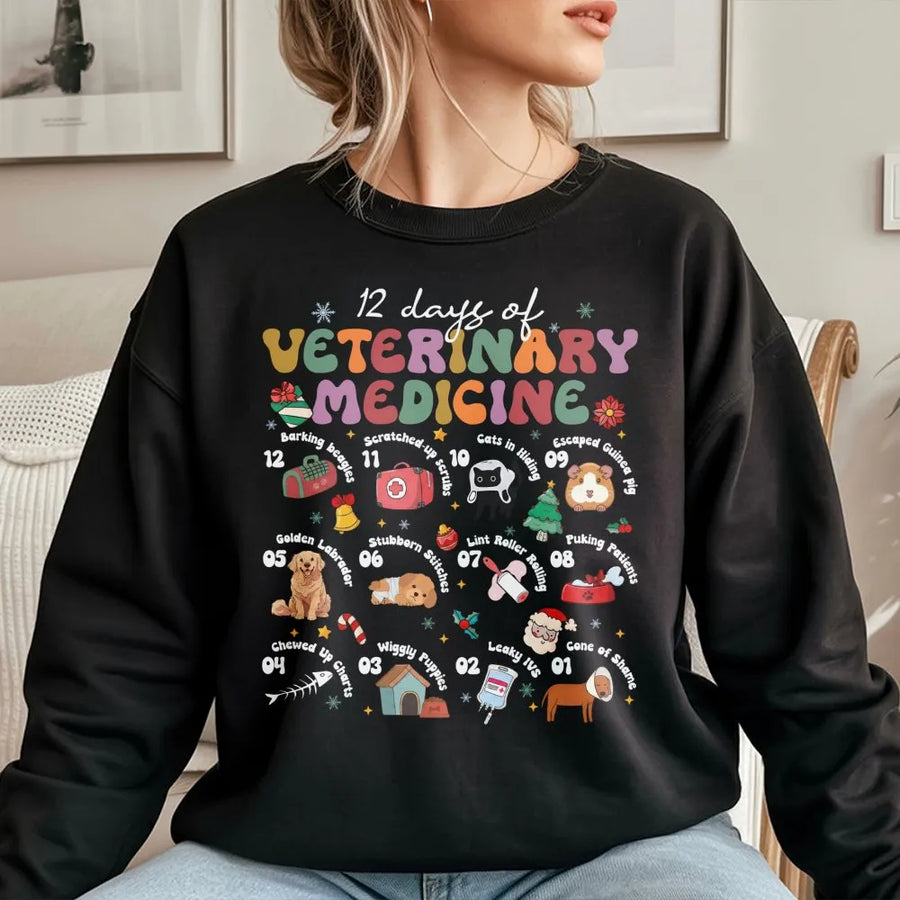 12 Days Of Veterinary Medicine Sweatshirt | Funny Retro Vet Tech Christmas Design | Premium Cotton Blend | Gift For Veterinarian Or Animal Doctor