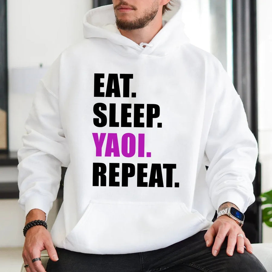 Eat Sleep Yaoi Repeat Hoodie | Funny Anime Manga Graphic Print | Premium Soft Cotton Blend | Otaku Aesthetic Gift for Anime Lovers