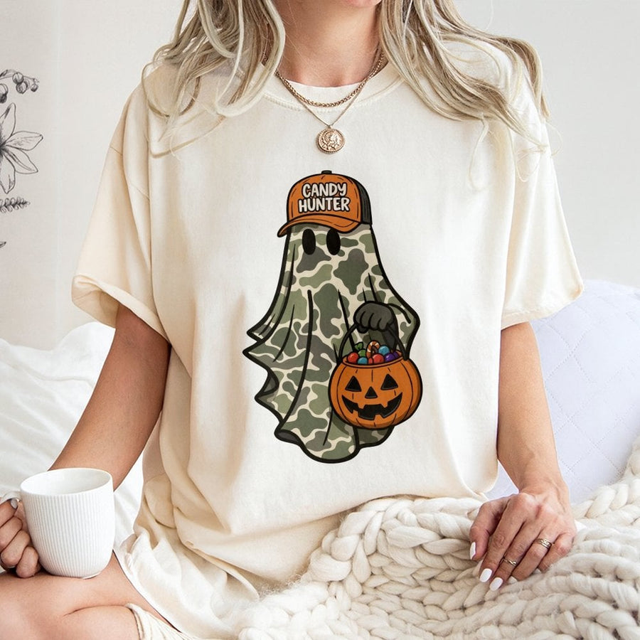 Candy Hunter Ghost T-Shirt | Camo Halloween Graphic Tee | Premium Cotton Soft Shirt | Funny Trick or Treat Apparel for Men and Women