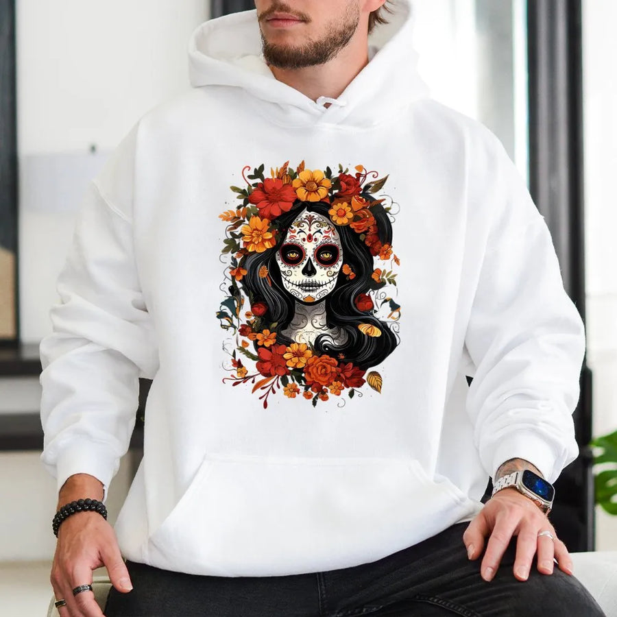 Sugar Skull Hoodie | Floral Day of the Dead Graphic | Premium Cotton Blend | Unisex Halloween Gift for Women and Men