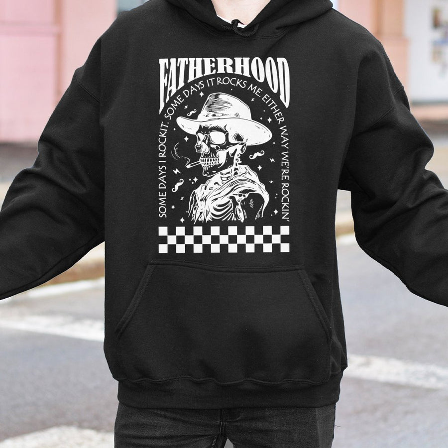 Fatherhood Hoodie | Cowboy Skeleton Rockin' Dad Graphic | Premium Cotton Blend | Funny Birthday Gift For New Dad, Retro Western Dad Life Apparel