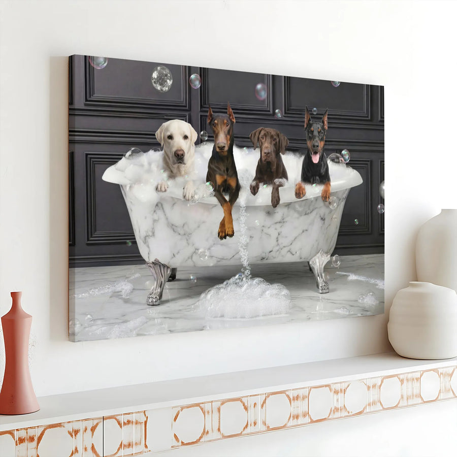 Dogs in Bathtub Canvas Wall Art | Humorous Bathroom Scene with Labrador & Dobermans | Premium Gallery Wrap Canvas | Funny Gift for Dog Lover, Modern Bathroom Decor