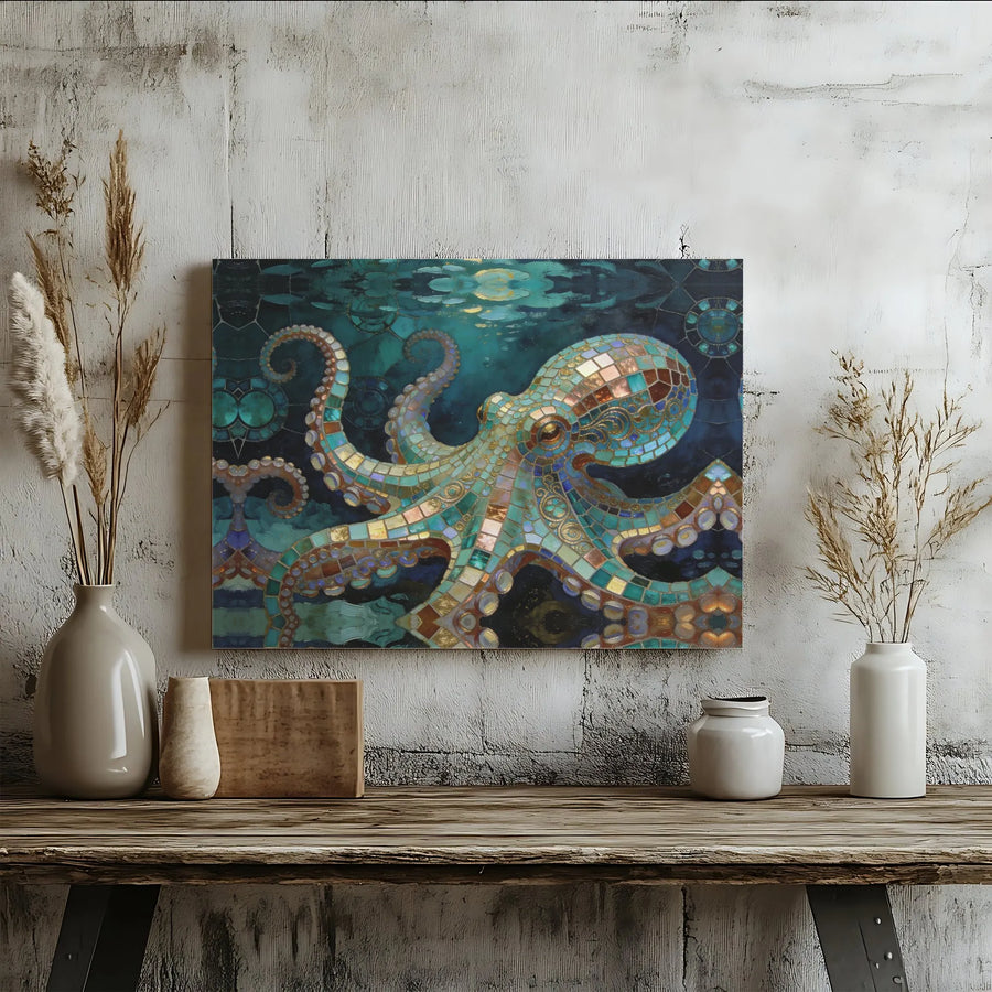 Mosaic Octopus Canvas Wall Art | Teal and Gold Stained Glass Print | Premium Gallery Wrap | Unique Coastal Bathroom Decor Gift