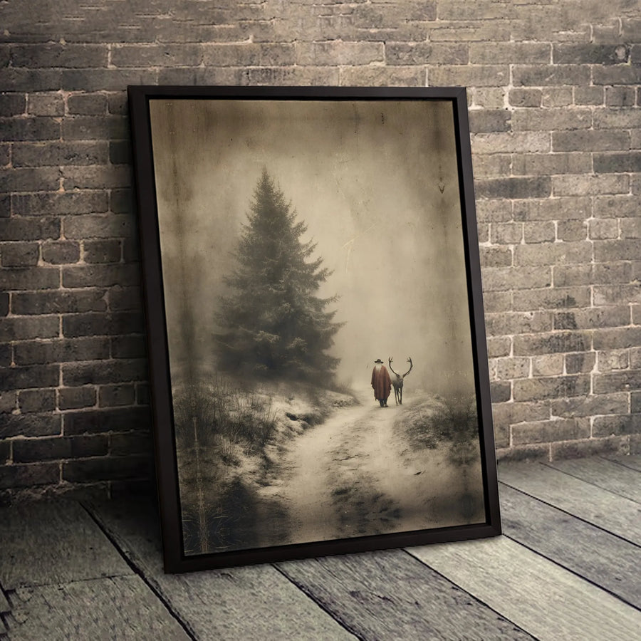 Winter Forest Canvas Wall Art | Moody Traveler With Stag in Snow | Premium Fade-Resistant Gallery Wrap | Atmospheric Home Decor Gift
