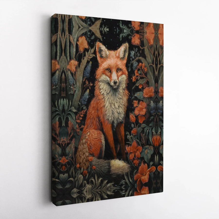 Red Fox Canvas Wall Art | Dark Botanical Floral Print | Gallery Wrapped 1.25 Inch Premium Decor | Woodland Animal Gift for Home Office