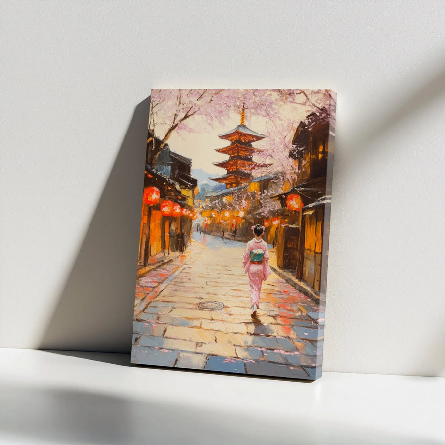 Japanese Cherry Blossom Canvas Print | Painterly Kyoto Street Scene with Pagoda | Premium 1.25" Thick Gallery Wrap | Wall Art Gift for Japan Lover