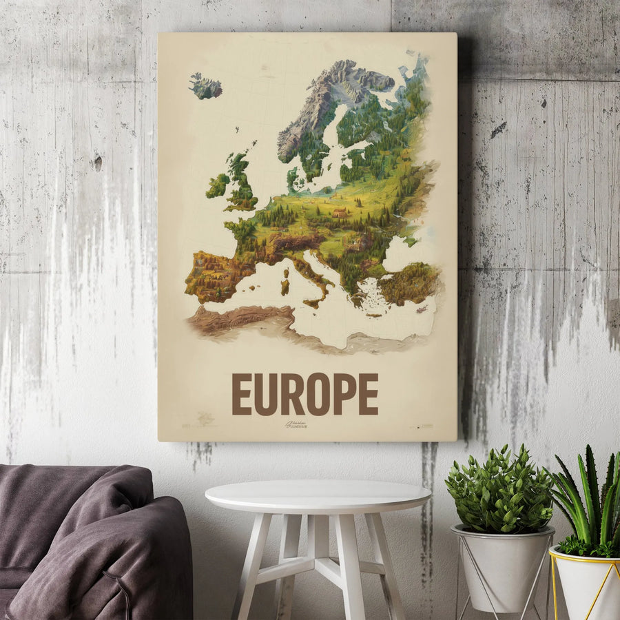 Europe Map Canvas Wall Art | Illustrated Topographical Landscape Print | Gallery Wrapped Premium Decor | Gift for Travel Lovers and Geographers