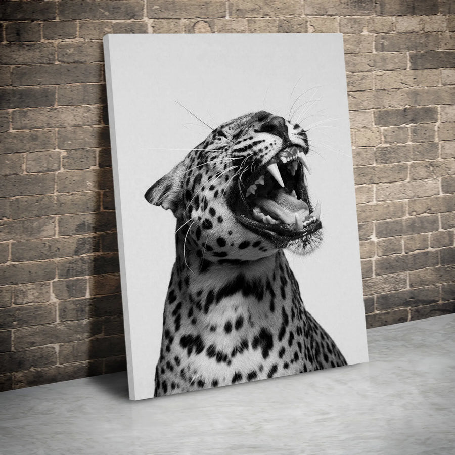 Roaring Leopard Wall Art | Black and White Wildlife Photography | Premium Gallery-Wrapped Canvas | Modern Minimalist Home Decor Gift