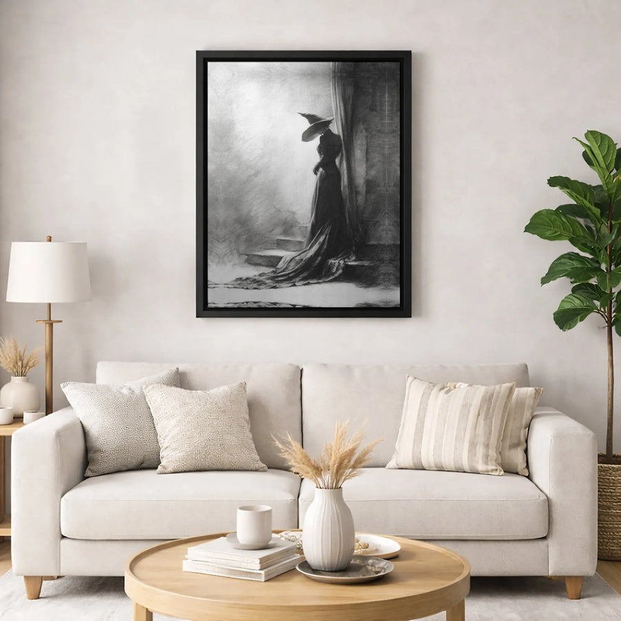 Gothic Witch Canvas Wall Art | Charcoal Sketch Portrait | Premium Gallery Wrap Print | Dark Academia Home Decor Gift