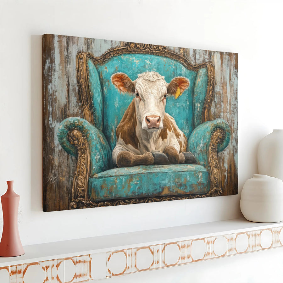 Cow in Vintage Turquoise Armchair Canvas | Whimsical Farmhouse Wall Art | Gallery Wrapped Premium Print | Unique Living Room Decor Gift