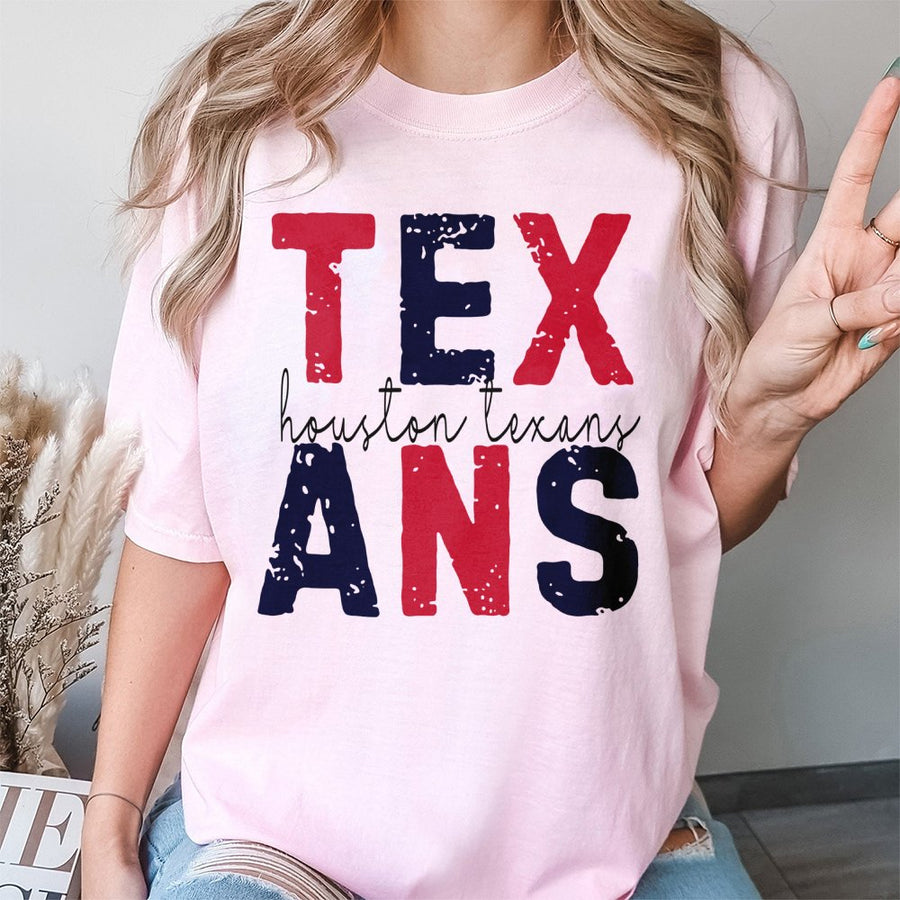 Tex Houston Texans Ans In A Red And Blue Distressed Font, Representing The Houston Texans Football Team. T-Shirt