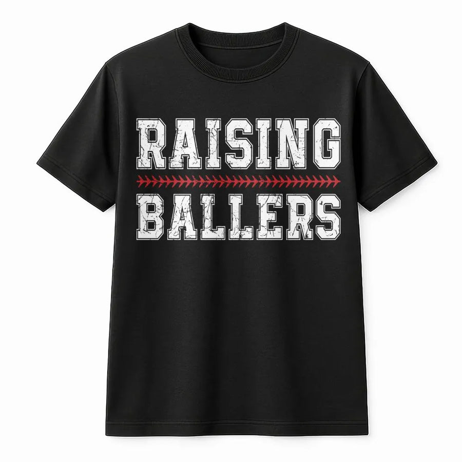 Raising Ballers T-Shirt | Distressed Baseball Stitch Design | Premium Soft Cotton | Baseball Mom Gift for Game Day