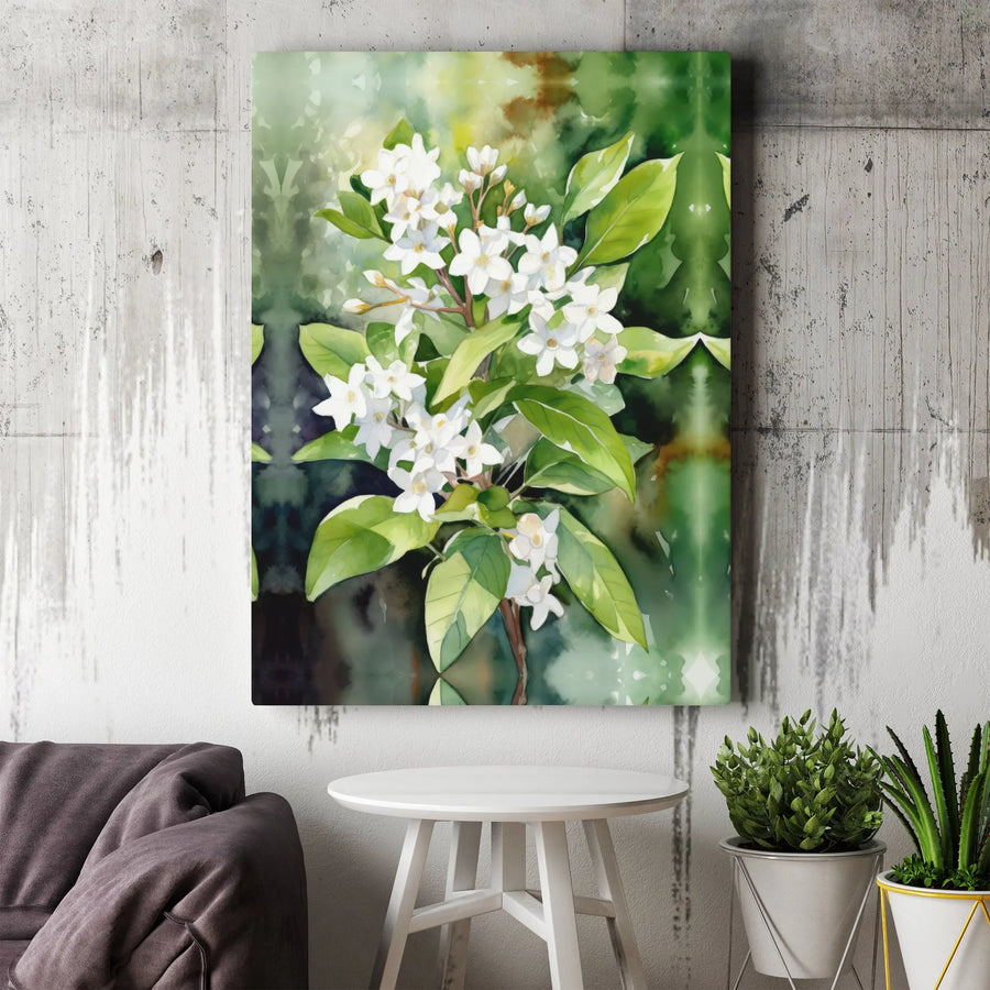 White Jasmine Flower Canvas Print | Watercolor Botanical Wall Art | 1.25" Premium Gallery Wrap | Nature-Inspired Home Decor Gift