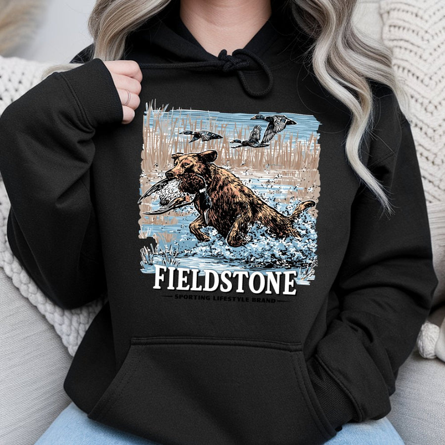 Fieldstone Hunting Dog Hoodie | Waterfowl Duck Retrieval Graphic | Premium Cotton Blend | Gift For Outdoorsman And Duck Hunter