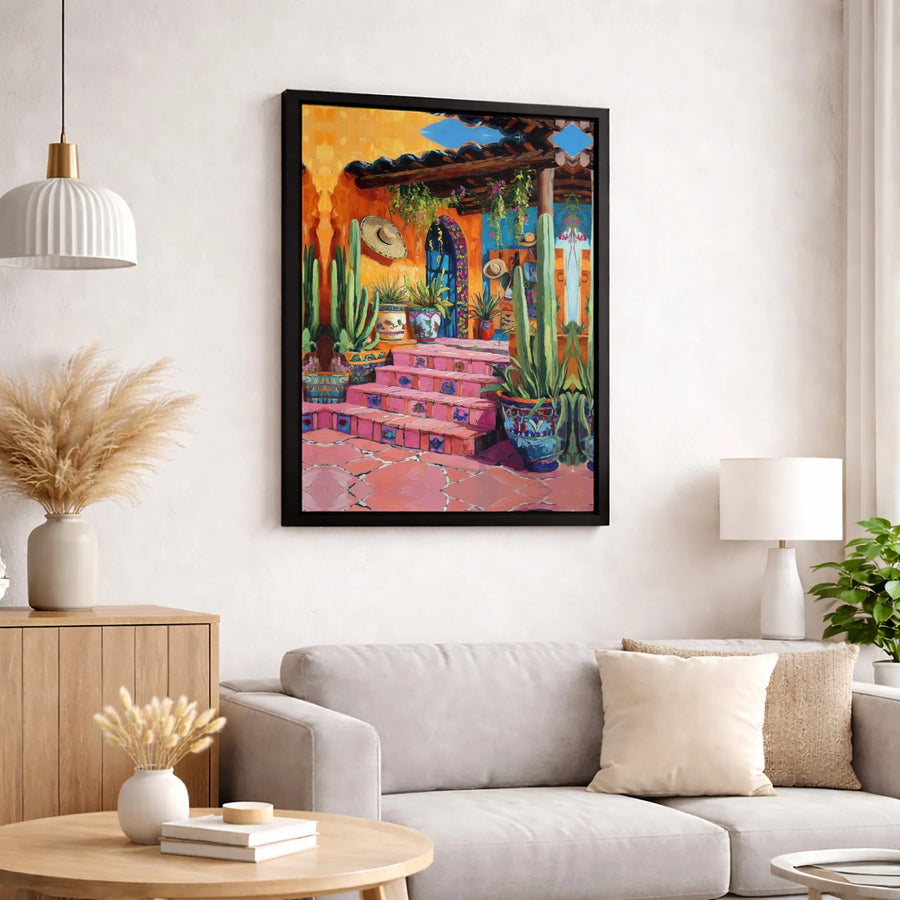 Mexican Hacienda Wall Art | Vibrant Cactus Courtyard Painting | Premium Gallery-Wrapped Canvas | Southwestern Home Decor Gift