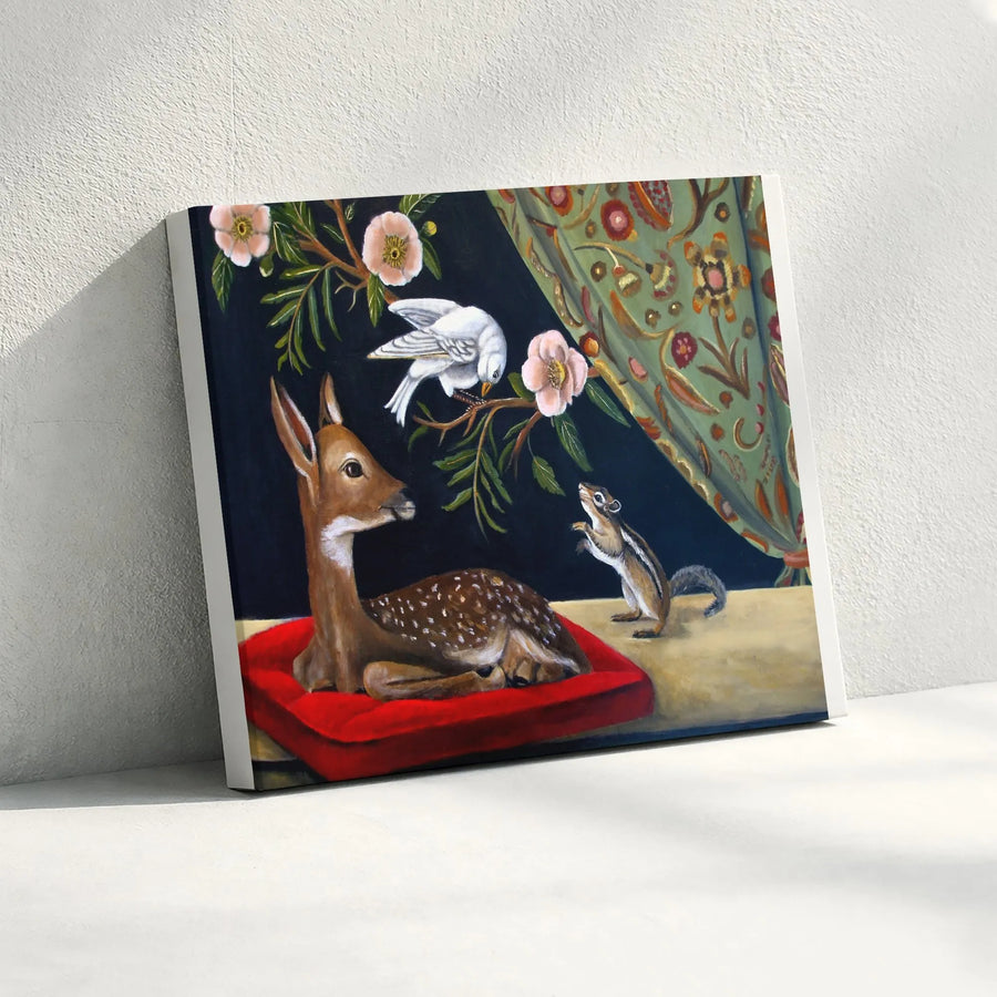 Vintage Woodland Animals Canvas | Folk Art Fawn, Dove & Chipmunk Print | Premium Gallery Wrap Wall Art | Nursery Room Decor Gift for Nature Lover