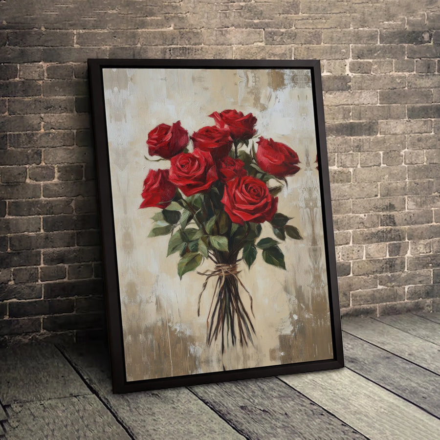Red Rose Bouquet Canvas Wall Art | Painterly Floral Oil Painting Style | Premium 1.25" Thick Gallery Wrap | Romantic Home Decor Gift