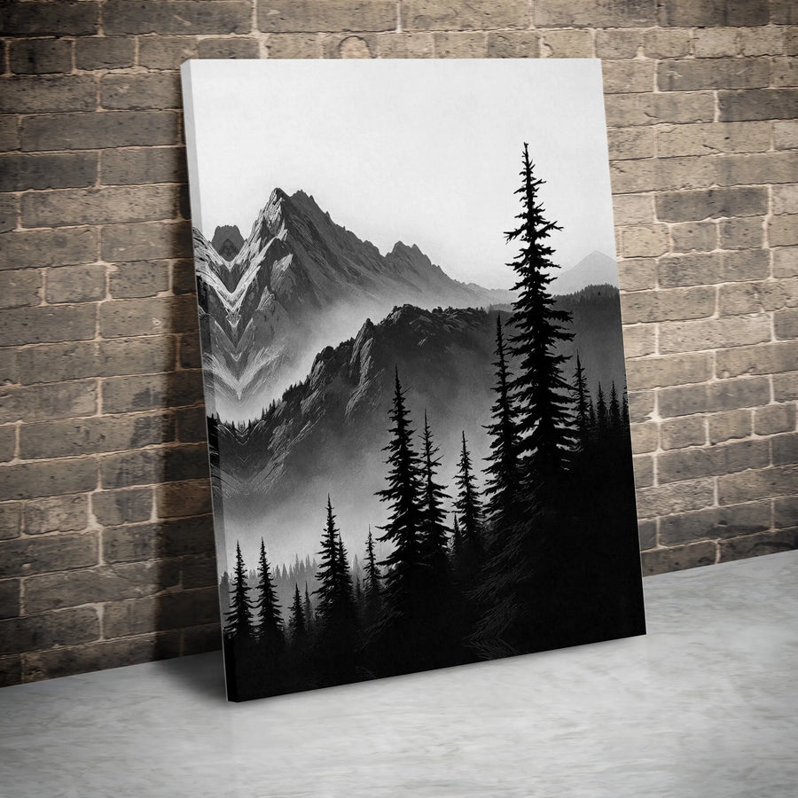 Black And White Mountain Canvas Wall Art | Foggy Pine Forest Landscape | Premium Gallery Wrap 1.25 Inch Thick | Minimalist Home Decor Gift