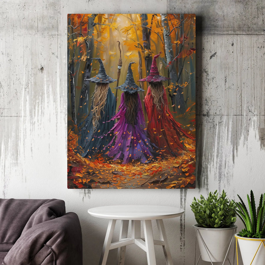 Three Witches Wall Art | Autumn Forest Impressionist Painting | Premium Fade-Resistant Canvas | Gothic Home Decor Gift