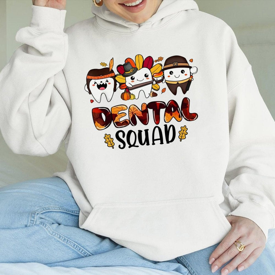 Dental Squad Thanksgiving Hoodie | Cute Autumn Tooth Characters Graphic | Soft Cotton-Blend Unisex Pullover | Gift for Dentist & Dental Hygienist