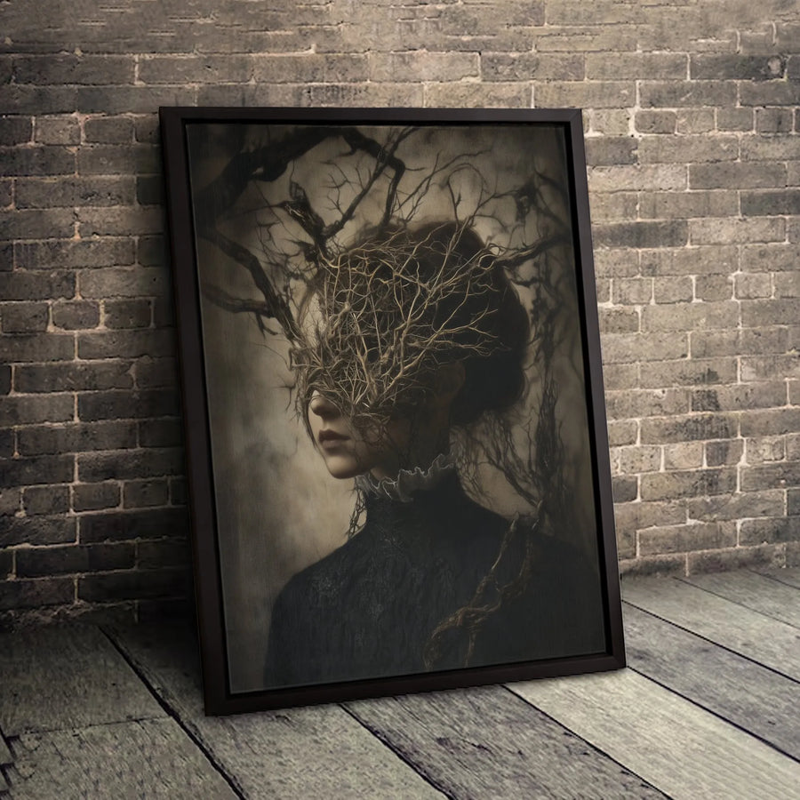 Gothic Surreal Wall Art | Ethereal Woman With Tangled Branches Portrait | Premium Gallery-Wrapped Canvas | Dark Academia Home Decor Gift