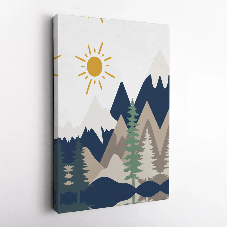 Minimalist Mountain Landscape Wall Art | Boho Sun and Pine Tree Forest Print | Gallery-Quality 1.25 Inch Canvas | Modern Nature Home Decor