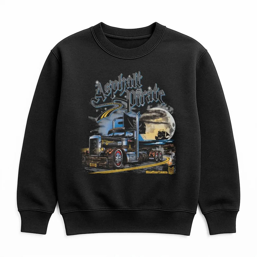 Asphalt Pirate Trucker Sweatshirt | Retro Big Rig Graphic Crewneck | Plush Cotton Blend | Unique Gift for Truck Drivers & Semi Fans