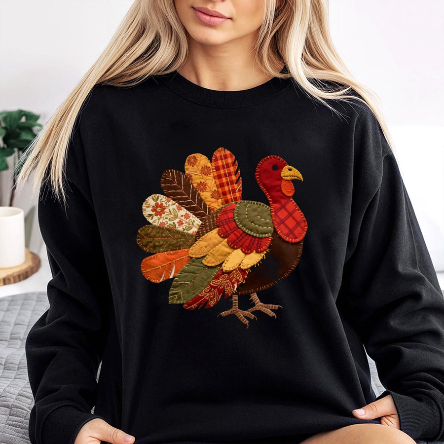 Patchwork Turkey Sweatshirt | Fall Farmhouse Thanksgiving Sweater | Premium Cotton Blend Crewneck | Cute Holiday Gift For Women