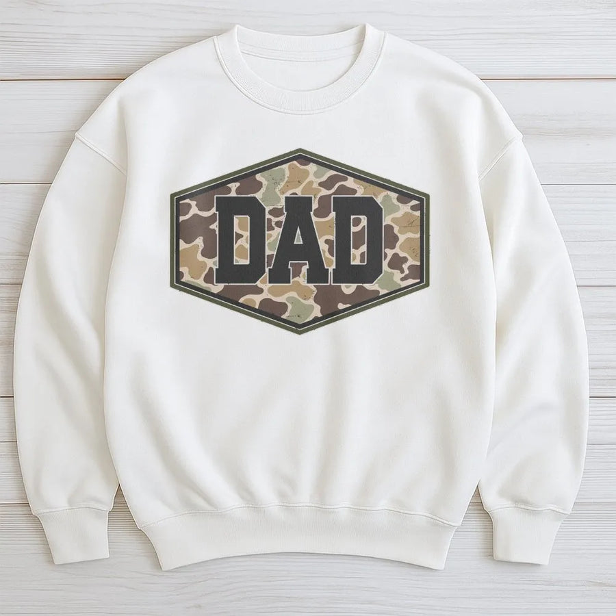 Camo Dad Sweatshirt | Distressed Varsity Camouflage Graphic | Premium Cotton Tee | Fathers Day Gift for Hunter Dad