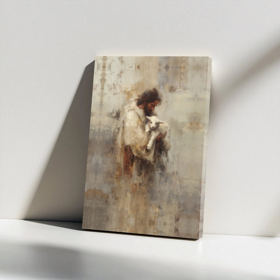 Jesus With Lamb Canvas Wall Art | Abstract Religious Painting | Premium Gallery Wrap | Christian Home Decor Gift