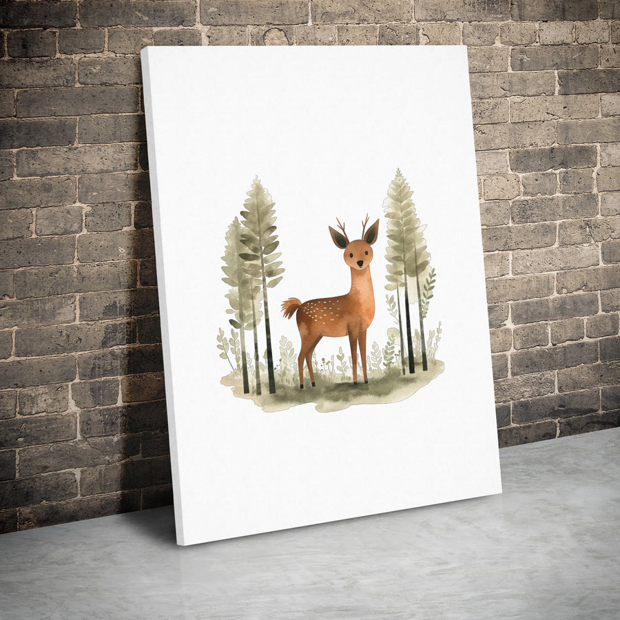 Cute Woodland Deer Canvas Art | Watercolor Forest Animal Wall Decor | Premium 1.25-Inch Gallery Wrap | Nursery And Kids Room Wall Decor