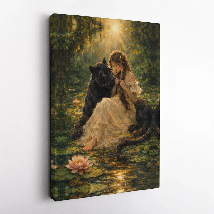 Black Panther and Woman Canvas Art | Enchanted Jungle Scene with Water Lilies | Premium Canvas Print | Collector's Fantasy Home Decor