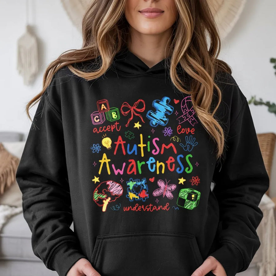 Autism Awareness Hoodie | Colorful Doodle Art Design | Premium Cotton Blend | Gift for Special Education Teachers & Advocates