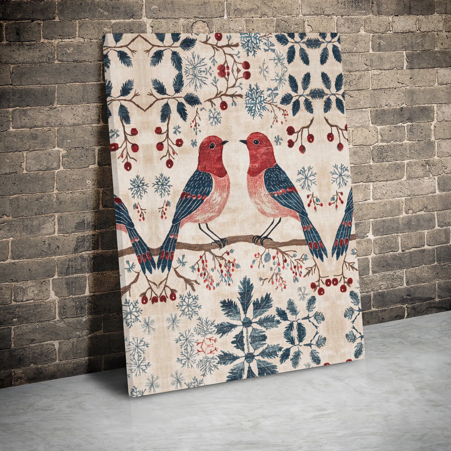 Vintage Red Bird Canvas Print | Folk Art Winter Snowflakes & Berries | Gallery Wrapped Premium Wall Decor | Holiday Home Gift For Nature Lovers