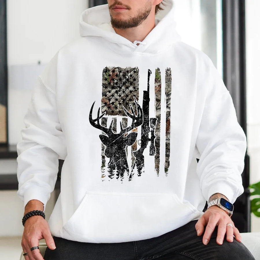Deer Hunting American Flag Hoodie | Distressed Buck Skull Camo Graphic | Premium Cotton Blend | Patriotic Gift for Hunter Dad
